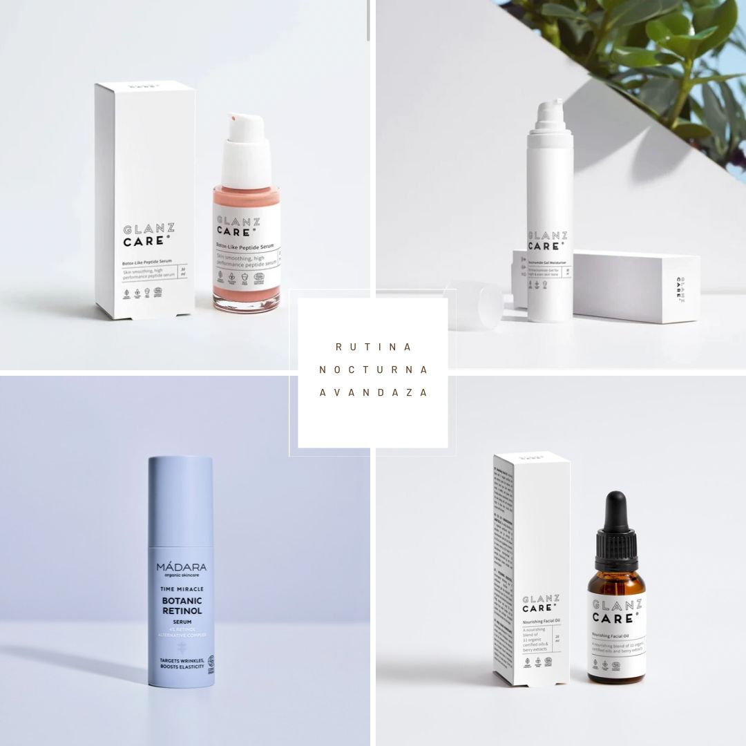 Ritual Nocturno Regenerador de Glanz Care: suero de péptidos botox-like, gel de niacinamida, retinol botánico y aceite nutritivo para reparación nocturna.