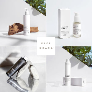 Kit Esenciales para piel grasa de Glanz Care: incluye gel limpiador, tónico clarificante, gel hidratante, mascarilla exfoliante AHA y gel oil-free para una piel fresca y sin brillo.