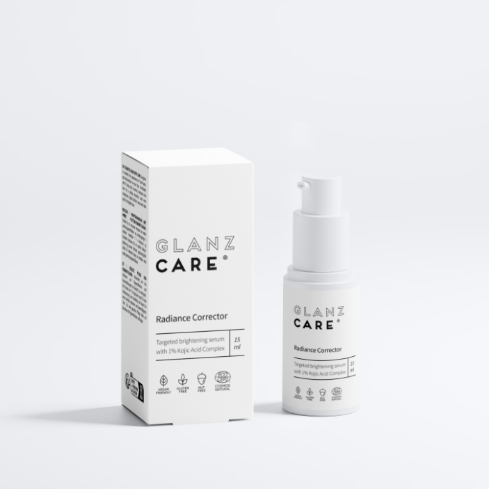 Radiance Corrector Glanz Care mostrando certificaciones Cosmos Natural, Vegano, Libre de Gluten y Libre de Nueces