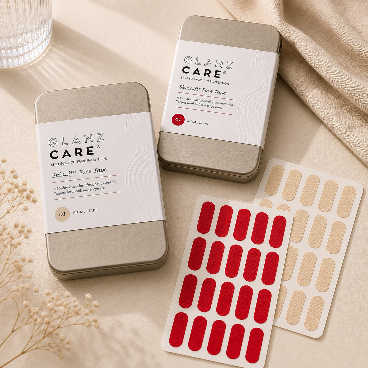 SkinLift Face Tape rojo y beige de Glanz Care para líneas de expresión